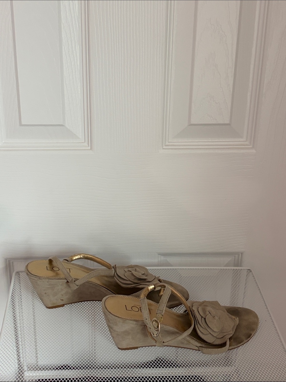 LOFT Taupe Suede Wedge Sandals with Floral Detail